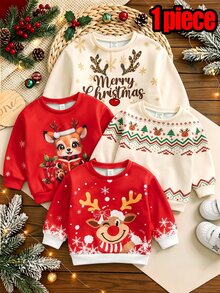1 Set Toddler Girls Christmas Holiday Cartoon Reindeer And Snowflake Pattern Sweatshirt, Fair Isle Pattern Cute Christmas Holiday Crew Neck Long Sleeve Pullover - Multicolor - View 3