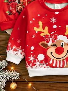 1 Set Toddler Girls Christmas Holiday Cartoon Reindeer And Snowflake Pattern Sweatshirt, Fair Isle Pattern Cute Christmas Holiday Crew Neck Long Sleeve Pullover - Multicolor - View 4