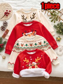 1 Set Toddler Girls Christmas Holiday Cartoon Reindeer And Snowflake Pattern Sweatshirt, Fair Isle Pattern Cute Christmas Holiday Crew Neck Long Sleeve Pullover - Multicolor - View 1