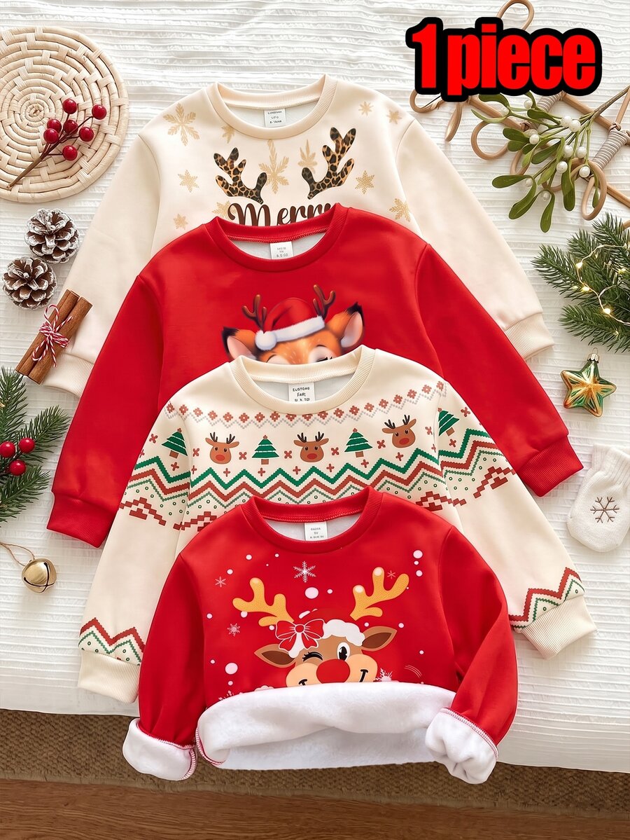 1 Set Toddler Girls Christmas Holiday Cartoon Reindeer And Snowflake Pattern Sweatshirt, Fair Isle Pattern Cute Christmas Holiday Crew Neck Long Sleeve Pullover - Multicolor - View 1