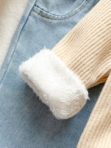 Vintaside Kids Set 2pcs Toddler Girl Sweatshirt + Flare Jeans Preppy Apricot Blue Rib Knit Fuzzy Cuff Long Sleeve Turtleneck Thick Outdoor Party Winter Fall - Apricot - View 5
