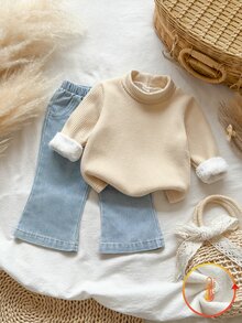 Vintaside Kids Set 2pcs Toddler Girl Sweatshirt + Flare Jeans Preppy Apricot Blue Rib Knit Fuzzy Cuff Long Sleeve Turtleneck Thick Outdoor Party Winter Fall - Apricot - View 1
