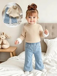 Vintaside Kids Set 2pcs Toddler Girl Sweatshirt + Flare Jeans Preppy Apricot Blue Rib Knit Fuzzy Cuff Long Sleeve Turtleneck Thick Outdoor Party Winter Fall - Apricot - View 3