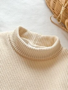 Vintaside Kids Set 2pcs Toddler Girl Sweatshirt + Flare Jeans Preppy Apricot Blue Rib Knit Fuzzy Cuff Long Sleeve Turtleneck Thick Outdoor Party Winter Fall - Apricot - View 6