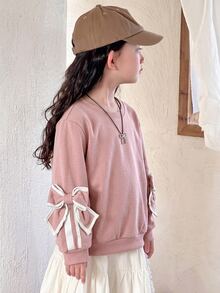 SHEIN Elladie kids 女童圓領長袖蝴蝶結裝飾休閒運動衫 - 粉色 - 查看 3