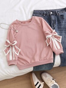 SHEIN Elladie kids 女童圓領長袖蝴蝶結裝飾休閒運動衫 - 粉色 - 查看 1