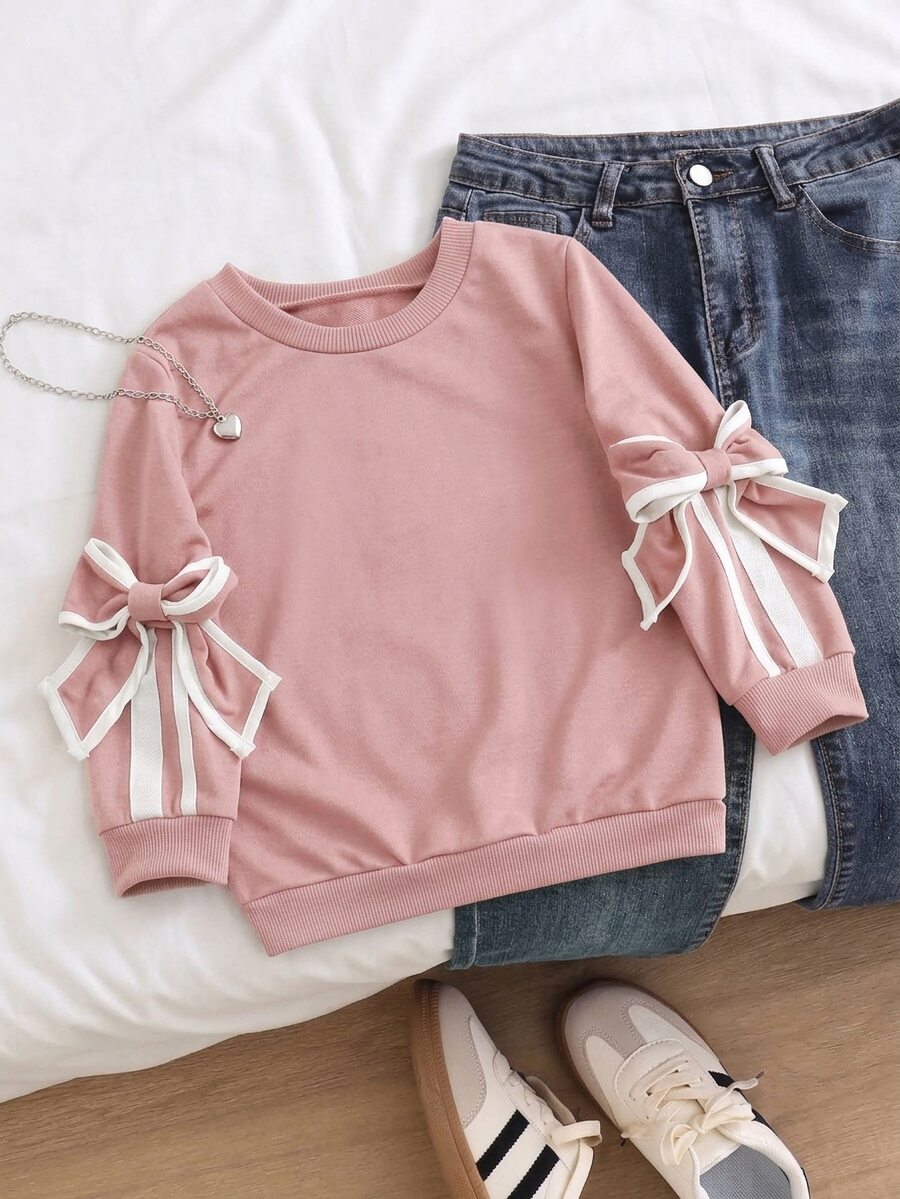 SHEIN Elladie kids 女童圓領長袖蝴蝶結裝飾休閒運動衫 - 粉色 - 查看 1