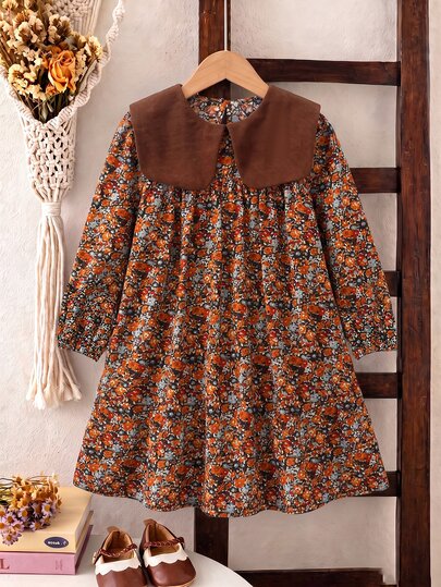 SHEIN Elladie kids Young Girl Ditsy Floral Dress Peter Pan Collar Long Sleeve Vintage Casual Dresses For Young Girl Thanksgiving Family Holiday Photo For Daily Wear, Travel