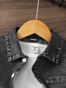 SHEIN 小男孩牛仔襯衫，附口袋，字母印花標誌，休閒時尚街頭風，酷炫返校秋季生日黑色 - 黑色 - 查看 4