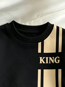 SHEIN 小男孩時尚簡約白色滿版印花設計 KING 口號印花圓領衛衣休閒工裝褲套裝 生日秋季 - 彩色 - 查看 6