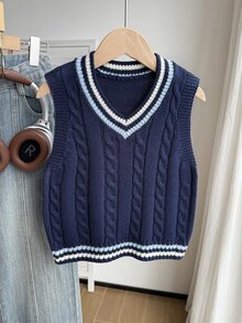 SHEIN 男童V領針織背心杏色百搭時尚學院風舒適休閒款，適合上學、托兒所、外出、旅行、聚會、野餐、派對 - 藏蓝色 - 查看 3