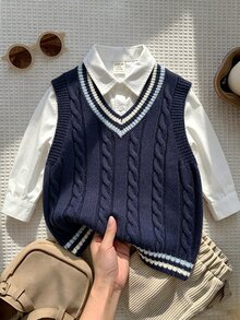 SHEIN 男童V領針織背心杏色百搭時尚學院風舒適休閒款，適合上學、托兒所、外出、旅行、聚會、野餐、派對 - 藏蓝色 - 查看 10