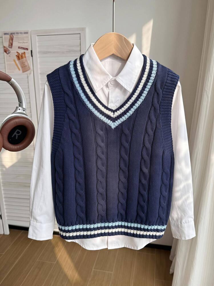 SHEIN Young Boys V-Neck Sweater Vest, Apricot Color, Versatile, Stylish, Preppy, Comfortable, Casual, Suitable For School, Daycare, Outings, Travel, Gatherings, Picnics, Parties - Navy Blue - View 11