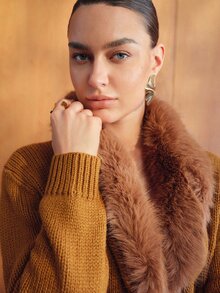 MOTF PREMIUM WOMEN'S AUTUMN/WINTER KNIT & PU PATCHWORK FUR COLLAR OPEN FRONT TOP - Coffee Brown - View 3