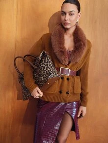 MOTF PREMIUM WOMEN'S AUTUMN/WINTER KNIT & PU PATCHWORK FUR COLLAR OPEN FRONT TOP - Coffee Brown - View 6