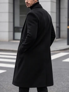 Manfinity Homme 男士純色雙排扣前開襟長袖外套，附口袋，秋季穿著，辦公商務黑色休閒優雅風 - 黑色 - 查看 2