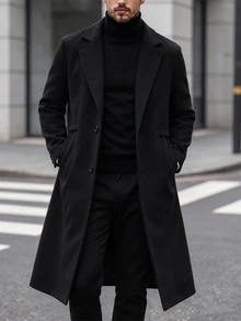Manfinity Homme 男士純色雙排扣前開襟長袖外套，附口袋，秋季穿著，辦公商務黑色休閒優雅風 - 黑色 - 查看 3