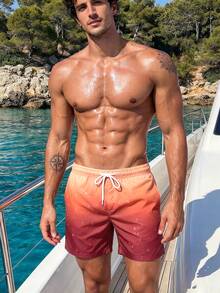 Manfinity Swimmode Men's Gradient Drawstring Casual Beach Shorts , Summer Holiday Vacation Tropical Couple Swim Bathing Suit - Coffee Brown - View 6