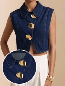 Selenza Women's Metal Buckle Casual Daily Denim Top - Blue - View 7