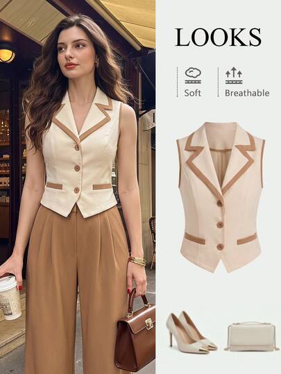 Vintamour Vintage French Elegant Women's Suit Set Blazer Vest Contrast Buttons Pockets Casual Commute Vacation Summer Clothes Festival Office Off-White Camel