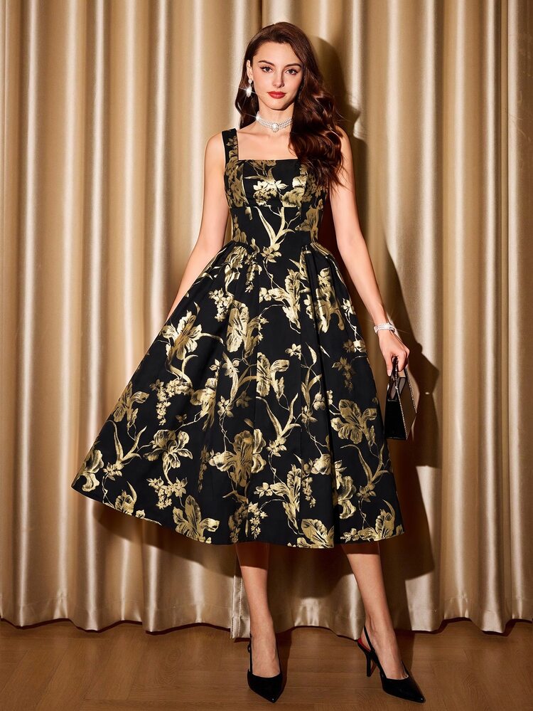 Vintamour Women's Black And Gold Floral Sleeveless Dinner Dress Wedding Guest Autumn Fall Winter Elegant Dresses For Women Elegant Long Party Dress Graduation - Black and Gold - View 3
