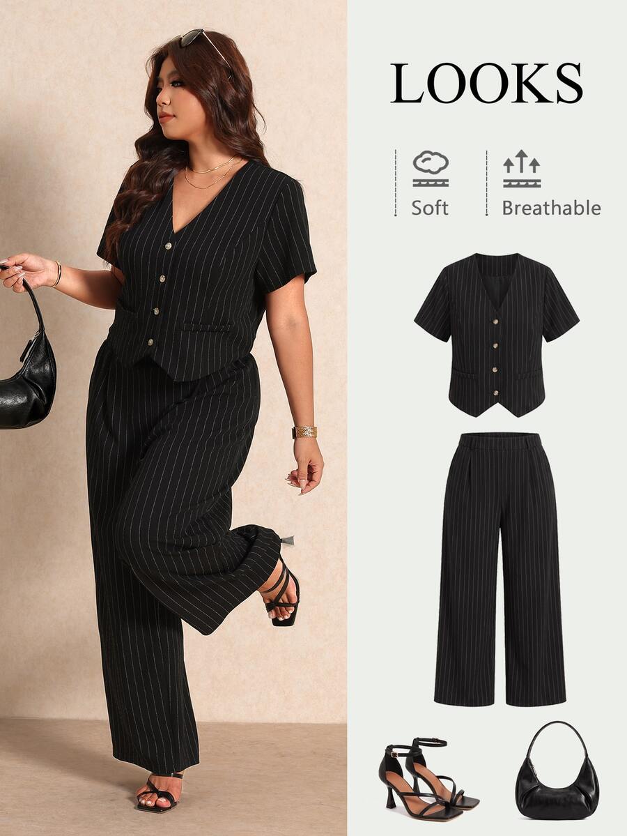 Elaquor Plus Size Striped Short Sleeve Jacket And Pants Suit Set Summer Elegant Casual Smart Tailored Office Formal Vacation Business Work Black For Women