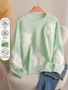 CosyJoli Plus Size Autumn/Winter Casual Cute Fairy Minimalist Romantic Preppy French Style 3D Floral Light Green Knit Loose Pullover Sweater Dates - Green - View 2