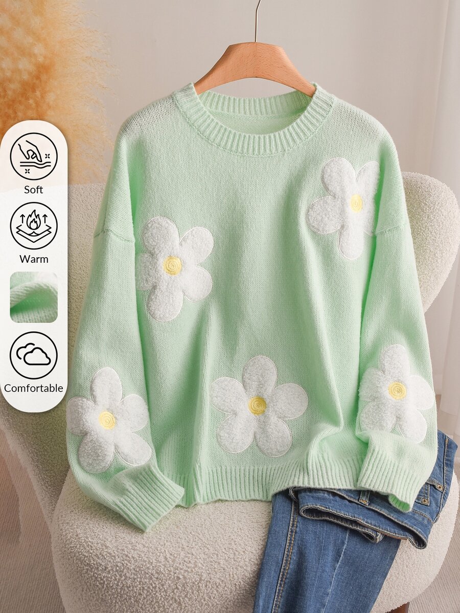 CosyJoli Plus Size Autumn/Winter Casual Cute Fairy Minimalist Romantic Preppy French Style 3D Floral Light Green Knit Loose Pullover Sweater Dates