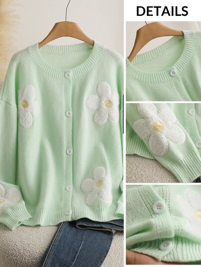 CosyJoli Cardigan Rajut Tebal Minimalis Motif Bunga Hijau Kasual Prancis Elegan Ukuran Plus untuk Wanita di Musim Gugur/Dingin