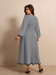 Elaquor Vestido de verano casual de uso diario con cuello redondo y rayas para mujer de talla grande - Blanco y Negro - Ver 2