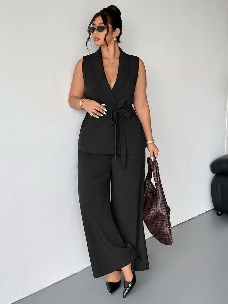 Firerie Plus Size Women's Elegant Business Casual Black Summer Office Formal Evening Two-Piece Set, Sleeveless Tie Waist Vest Wide-Leg Pants With Pockets - Black - View 5
