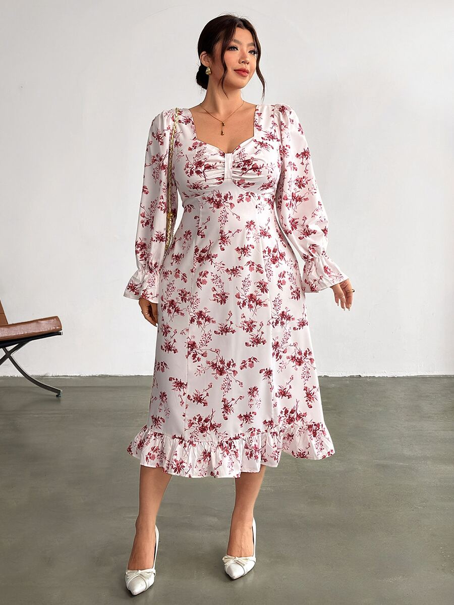Firerie Plus Size Women's Floral Print Sweetheart Neckline Ruffle Cuff Elegant Celestial Dress Brunch Formal Evening Party Dress For Women Fall/Winter