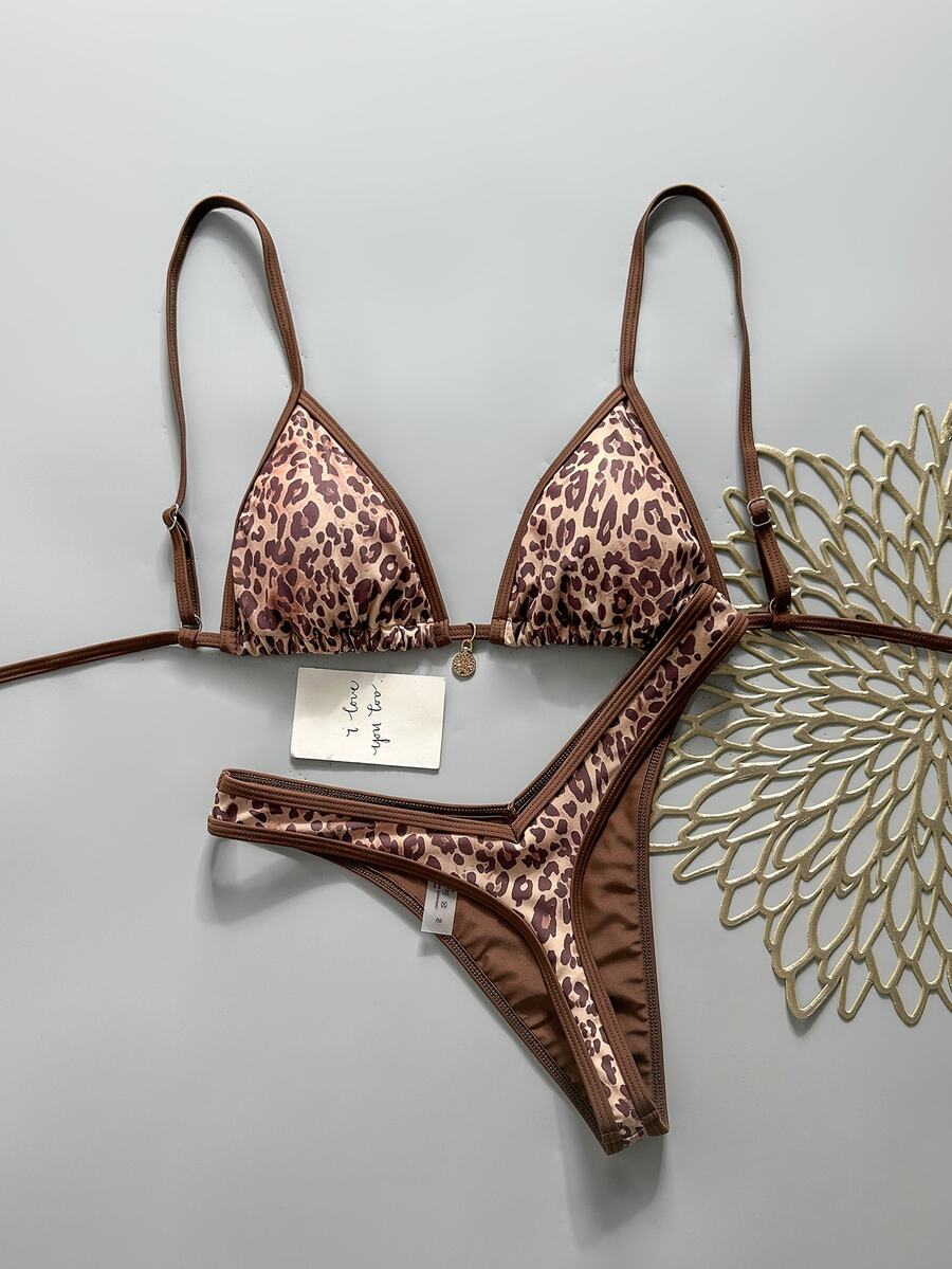 SHEIN Swim Swim SXY 2 Pieces Spring/Summer Vacation Animal Print Random Pattern Gold Floral Disc Decor Triangle Bikini Top And High-Cut Thong Bottom Sexy Bikini Swimwear Set For Women - Multicolor - View 1
