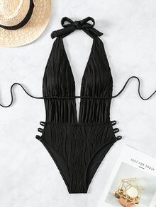 SHEIN Swim Summer Beach Ladies' Solid Color Open Back One-Piece Swimsuit - Black - View 6