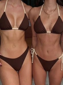 Elavelle Women's Spring/Summer Chicsea Random Print Halter Neck High Cut 3-Piece Beach Club Bikini Set Chocolate Brown Brown Sexy - Multicolor - View 1