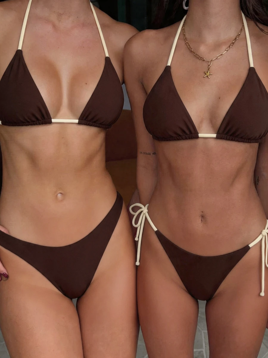Elavelle Women's Spring/Summer Chicsea Random Print Halter Neck High Cut 3-Piece Beach Club Bikini Set Chocolate Brown Brown Sexy - Multicolor - View 1