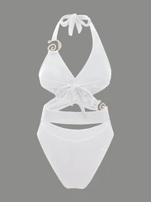 SHEIN Swim 女士纯色粗肩带金色点缀交叉露背连体泳衣 - 白色 - 查看 5