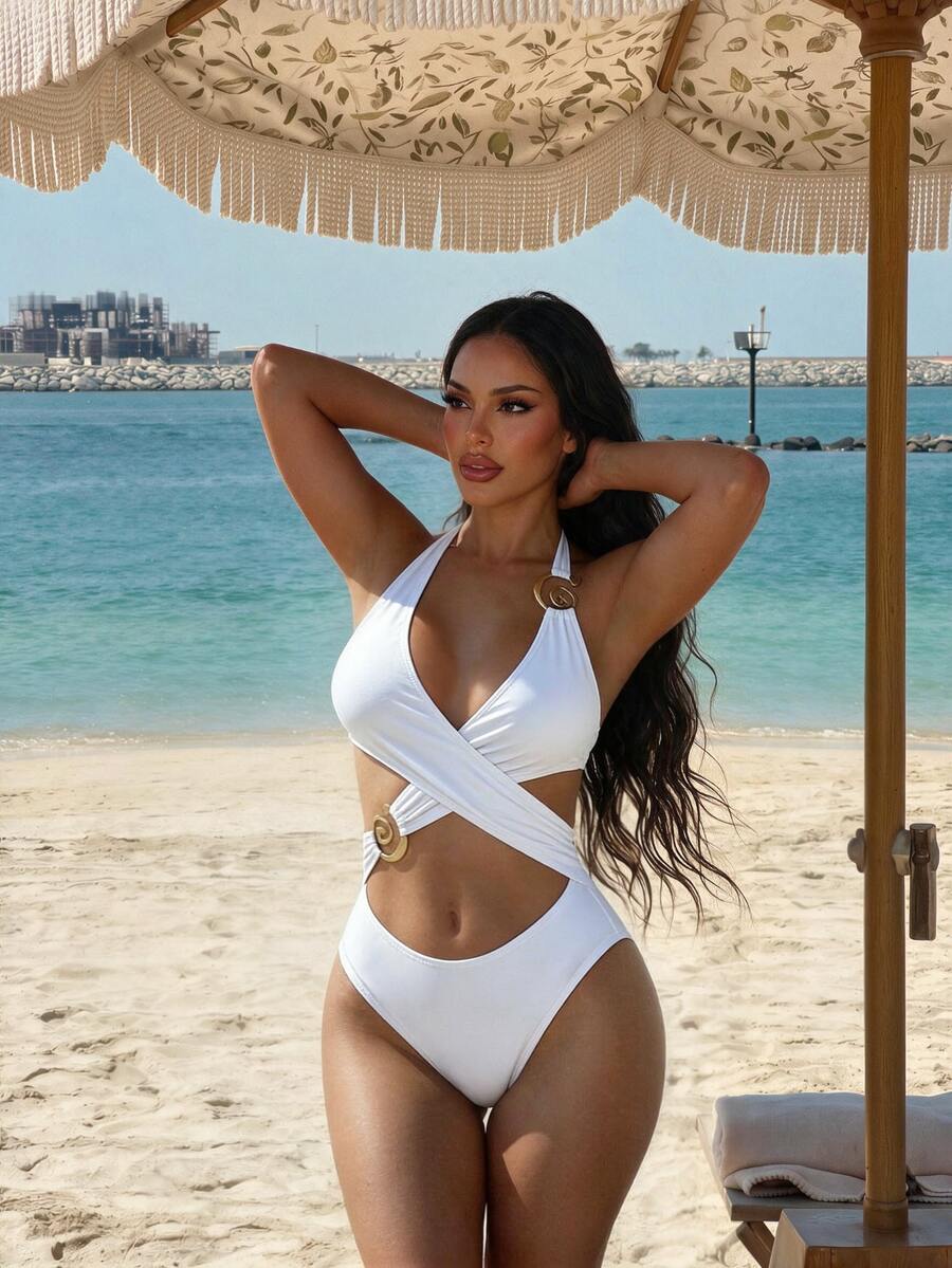 SHEIN Swim 女士纯色粗肩带金色点缀交叉露背连体泳衣 - 白色 - 查看 1