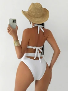 SHEIN Swim 女士纯色粗肩带金色点缀交叉露背连体泳衣 - 白色 - 查看 2