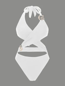 SHEIN Swim 女士纯色粗肩带金色点缀交叉露背连体泳衣 - 白色 - 查看 4