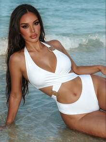 SHEIN Swim 女士纯色粗肩带金色点缀交叉露背连体泳衣 - 白色 - 查看 6