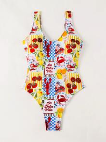 SHEIN Swim Women's All-Over Print One-Piece Swimsuit, Suitable For Beach Vacation, Pool Party, Beach Party - Multicolor - View 9