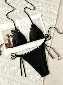 SHEIN Swim Solid Color Triangle Drawstring Halter Tie Knot Metal Decor Side Tie Bottoms Sexy Beach Bikini Set For Women - Black - View 6