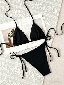 SHEIN Swim Solid Color Triangle Drawstring Halter Tie Knot Metal Decor Side Tie Bottoms Sexy Beach Bikini Set For Women - Black - View 7