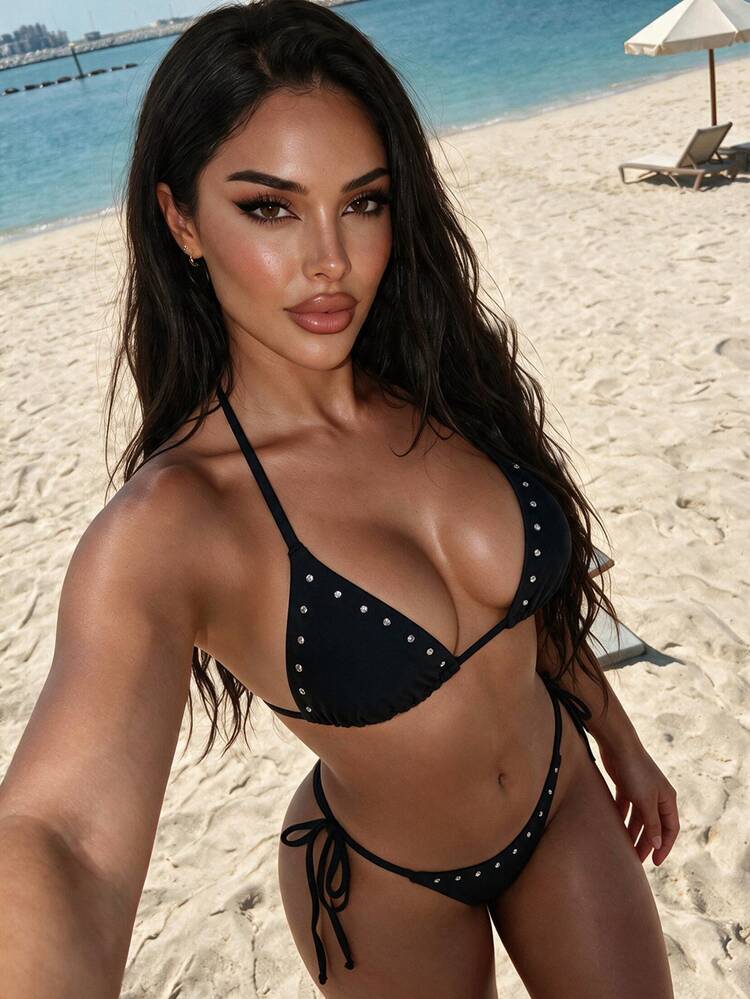 SHEIN Swim Solid Color Triangle Drawstring Halter Tie Knot Metal Decor Side Tie Bottoms Sexy Beach Bikini Set For Women - Black - View 3
