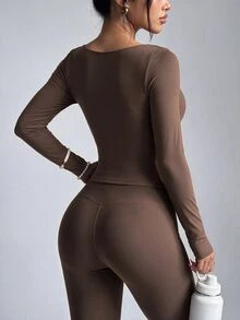 Gameset SHEIN Sport Women's Brushed Solid Color Sweetheart Neckline Sexy Modest Split Line Decor Autumn/Winter Sports Long Sleeve T-Shirt Gym Coffee Brown - Brown - View 7