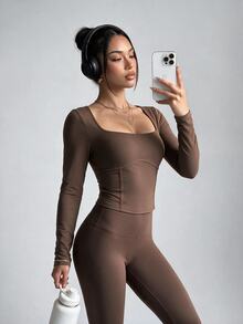 Gameset SHEIN Sport Women's Brushed Solid Color Sweetheart Neckline Sexy Modest Split Line Decor Autumn/Winter Sports Long Sleeve T-Shirt Gym Coffee Brown - Brown - View 6