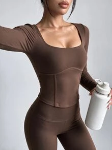 Gameset SHEIN Sport Women's Brushed Solid Color Sweetheart Neckline Sexy Modest Split Line Decor Autumn/Winter Sports Long Sleeve T-Shirt Gym Coffee Brown - Brown - View 5