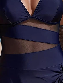 SHEIN Swim 女款夏季海灘度假金屬裝飾V領掛脖性感透視拼接泳裝洋裝 - 藏蓝色 - 查看 6