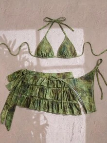 SHEIN Swim ملابس سباحة بيكيني نسائية صيفية للعطلات الشاطئية بربطة عنق خلفية وكشكشة مثيرة، طقم 3 قطع - أخضر - مشاهدة 8